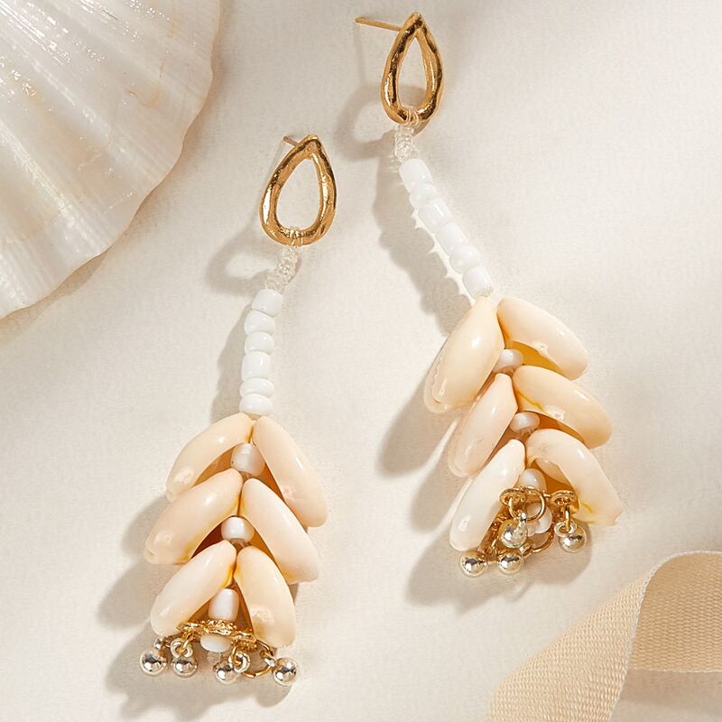 

Shell & Beaded Drop Earrings, Beige
