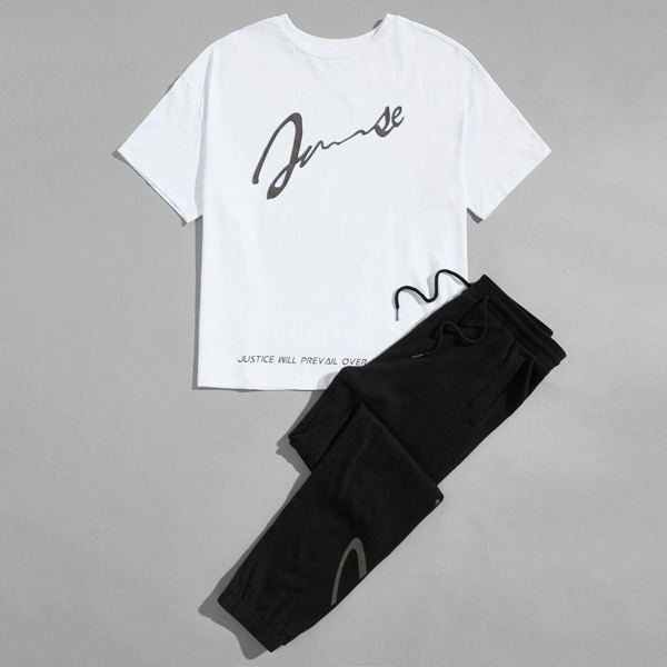 

Men Drop Shoulder Slogan Graphic Top & Joggers Set, Black and white
