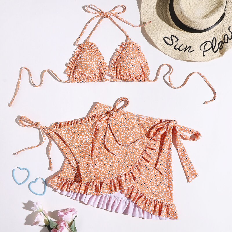 

3pack Ditsy Floral Frill Bikini Swimsuit & Beach Skirt, Coral orange