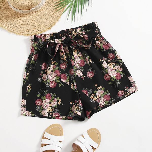 

Paperbag Waist Belted Floral Shorts, Multicolor