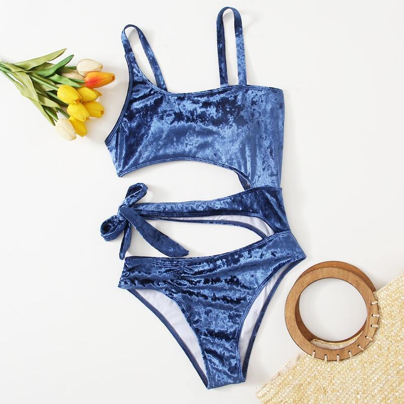 

Velvet Tie Side Cut-out One Piece Swimsuit, Blue