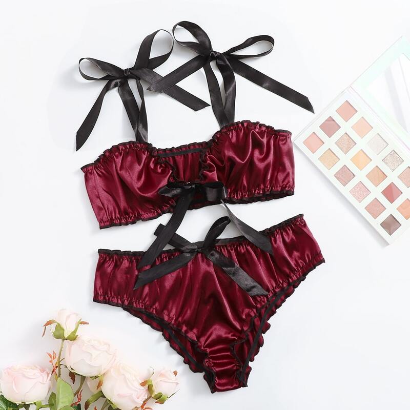 

Satin Tie Front Lingerie Set, Burgundy