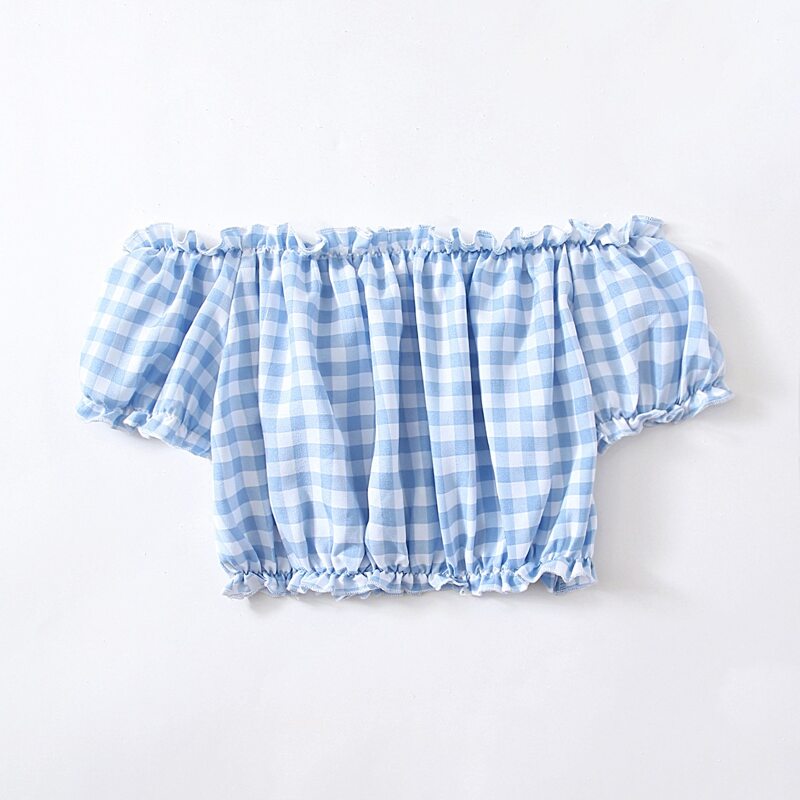 

Frill Trim Gingham Crop Top, Blue and white