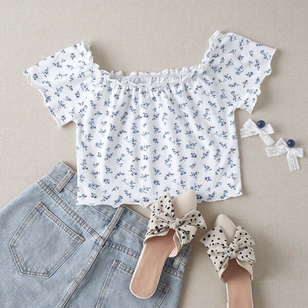 

Ditsy Floral Frill Trim Crop Tee, White