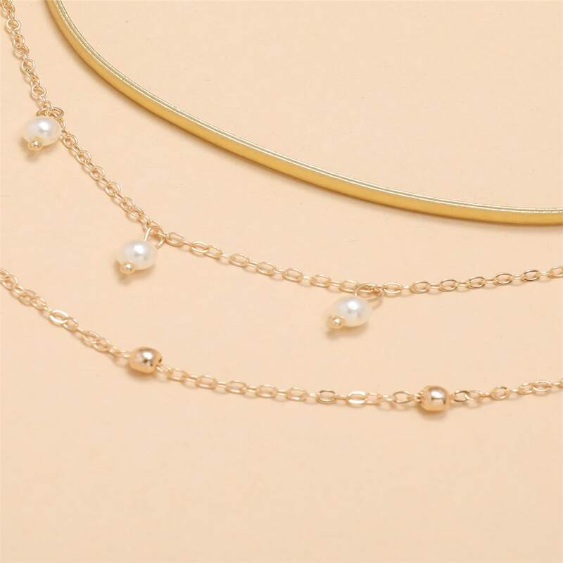 

3pcs Faux Pearl Necklace, Gold