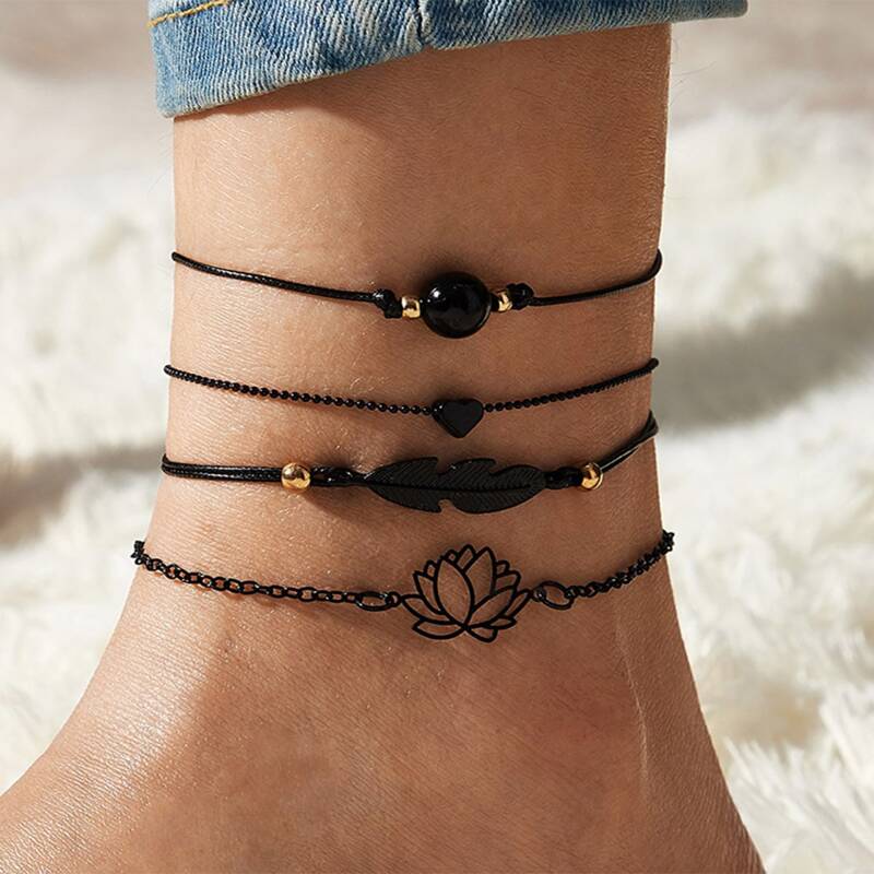 

4pcs Floral & Leaf Decor Anklet, Black