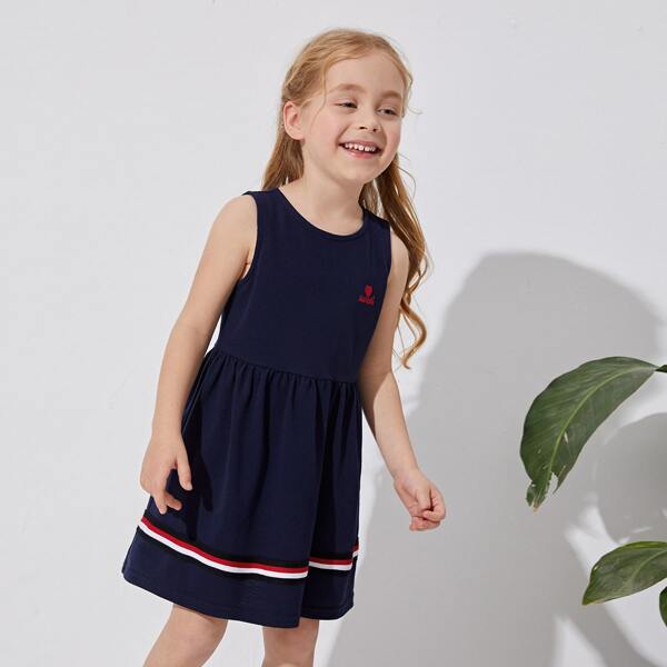 

Toddler Girls Heart & Letter Embroidered Contrast Striped Tape Dress, Navy blue