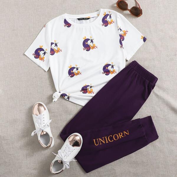

Unicorn & Letter Graphic Top & Joggers Set, Multicolor