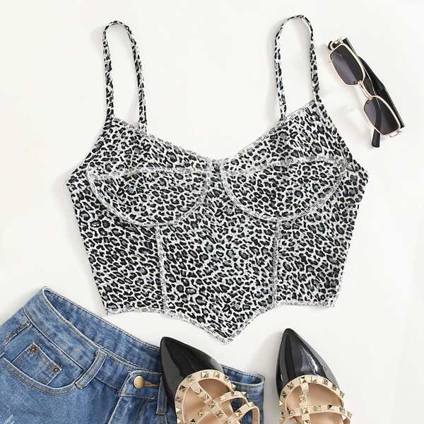 

Contrast Stitch Detail Leopard Bustier Cami Top, Multicolor