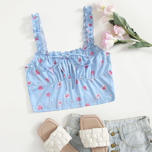 

Tie Front Ruched Bust Heart Print Top, Baby blue