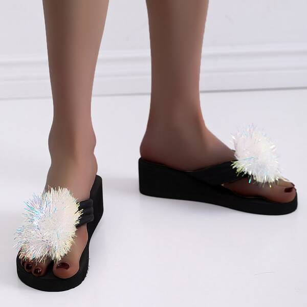

Pom-pom Decor Flip Flops, Black