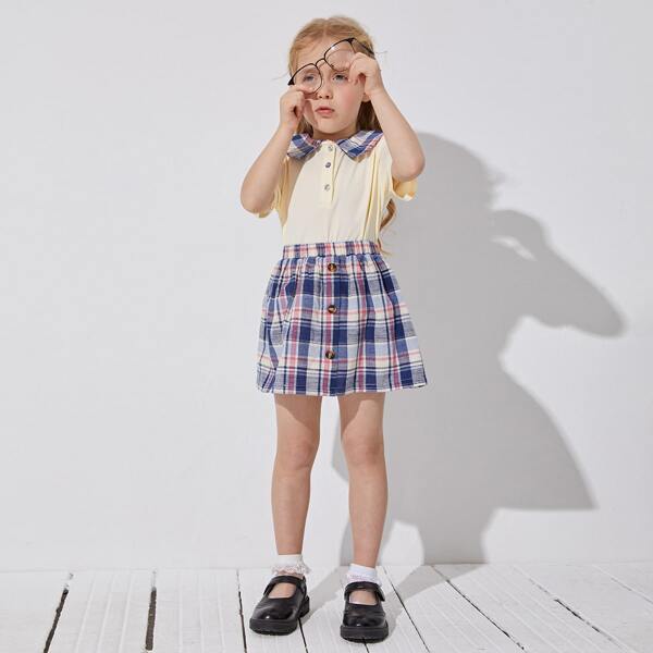 

Toddler Girls Contrast Collar Half Button Placket Top & Skirt Set, Multicolor