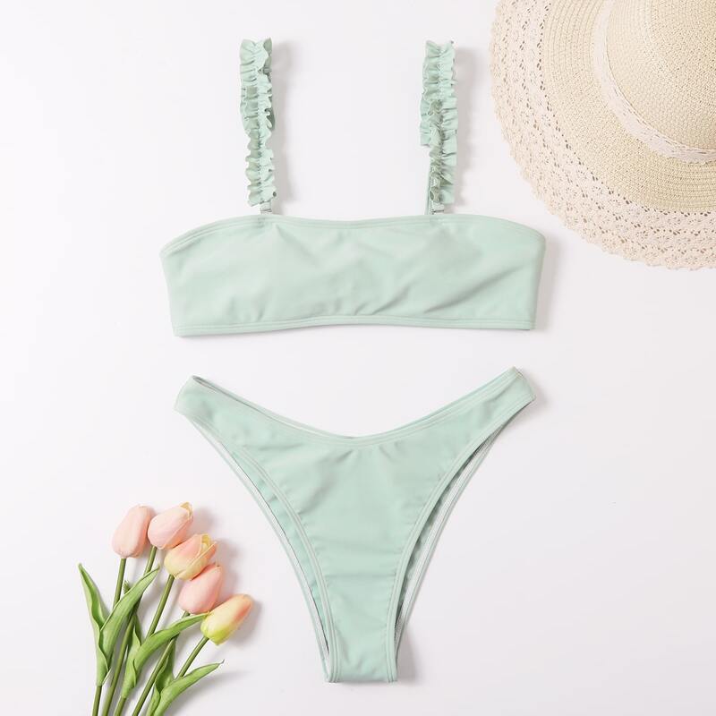 

Frill Trim High Leg Bikini Swimsuit, Green