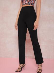 SHEIN Privé 素色高腰直腿褲子 - 黑色 - 查看 3