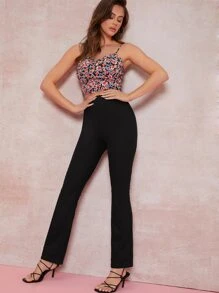 SHEIN Privé 素色高腰直腿褲子 - 黑色 - 查看 5