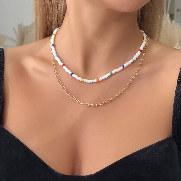 

2pcs Bead Decor Necklace, Multicolor