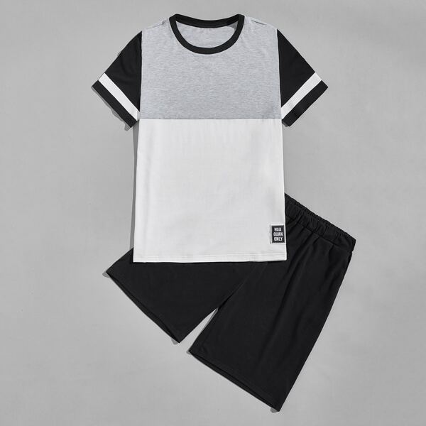 

Men Letter Patched Colorblock Tee & Track Shorts, Multicolor
