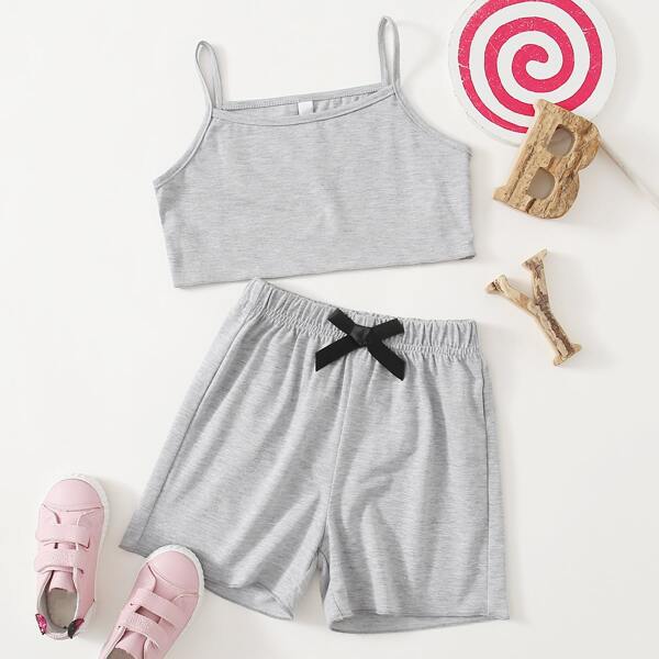 

Toddler Girls Cami Top With Bow Front Track Shorts, Grey