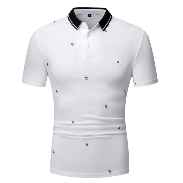 

Men Contrast Collar Eagle & Letter Graphic Polo Shirt, White