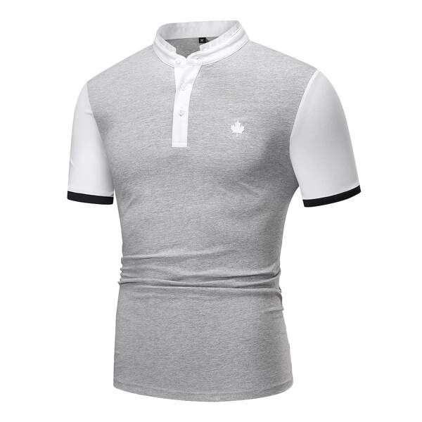 

Men Contrast Collar Maple Leaf Print Polo Shirt, Grey