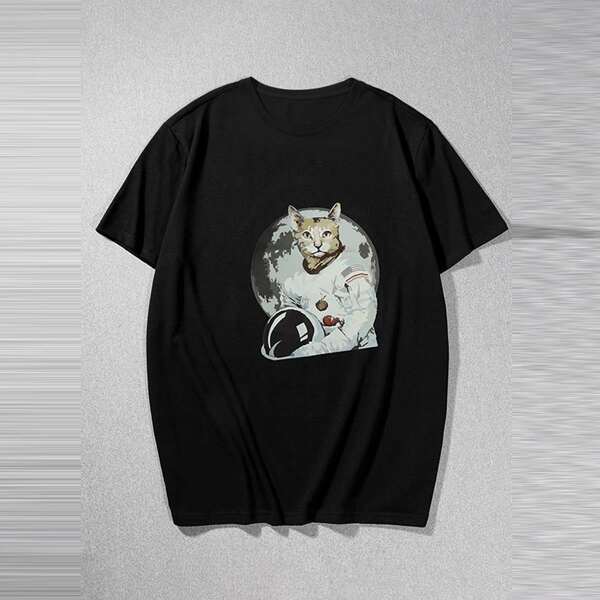 

Men Cartoon Cat Print Round Neck Tee, Black