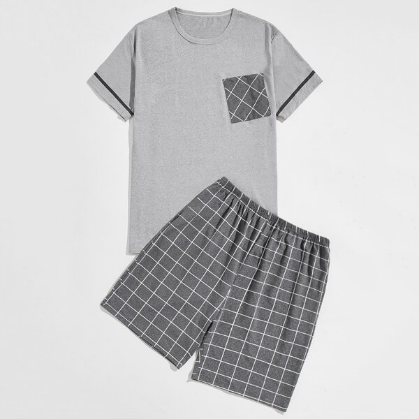 

Men Plaid Pocket Top & Shorts PJ Set, Grey