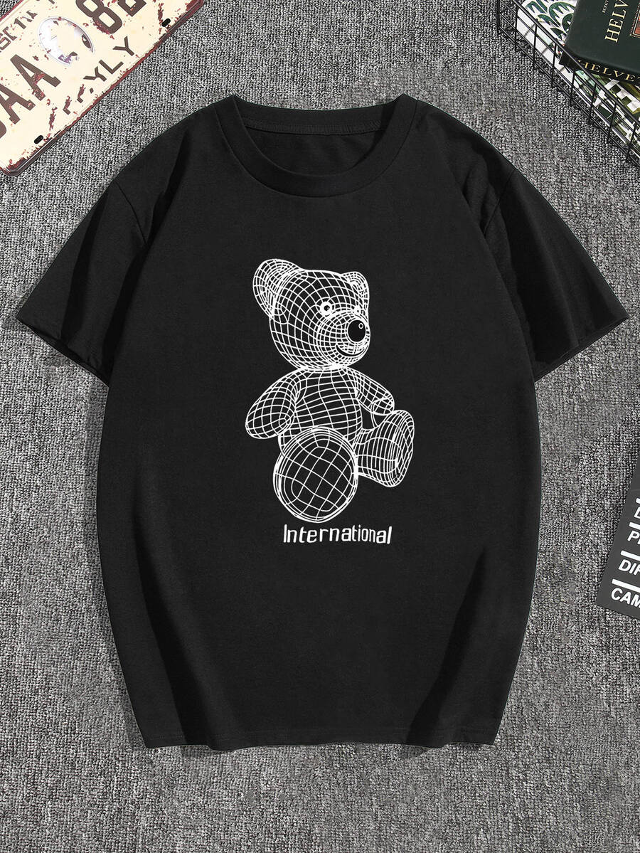 Manfinity Men Bear & Letter Print Round Neck Tee - Black - View 1