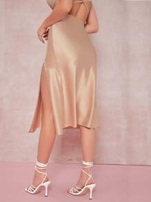 SHEIN BAE Satin Thigh-Slit Midi Skirt - Champagne - View 2