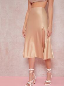 SHEIN BAE Satin Thigh-Slit Midi Skirt - Champagne - View 3