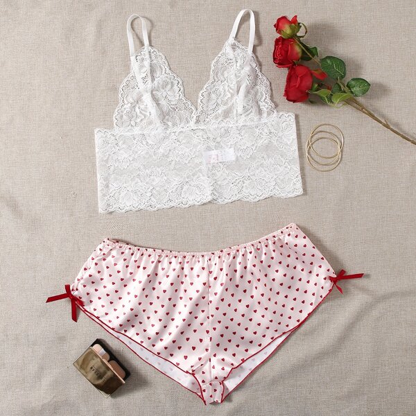 

Plus Floral Lace Heart Satin Lingerie Set, Multicolor