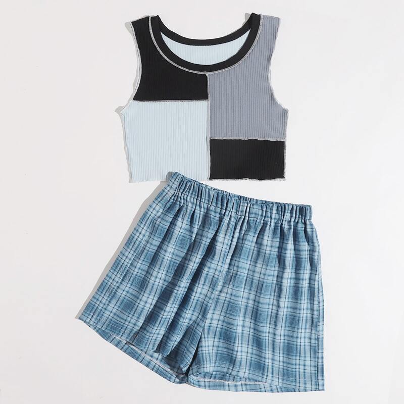 

Contrast Stitching Tank Top & Plaid Shorts, Multicolor