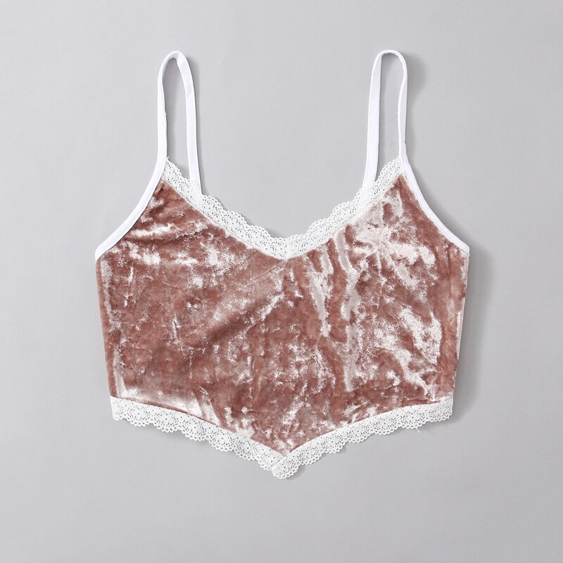 

Contrast Lace Velvet Cami Top, Coral pink