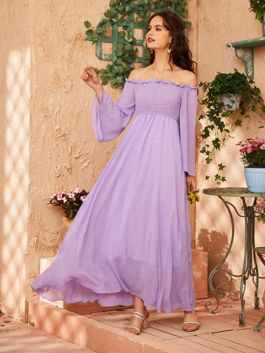 Modelyn Off Shoulder Shirred Bell Sleeve Dress - Lilac Purple - View 1