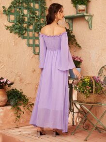 Modelyn Off Shoulder Shirred Bell Sleeve Dress - Lilac Purple - View 2