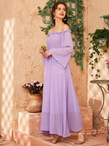 Modelyn Off Shoulder Shirred Bell Sleeve Dress - Lilac Purple - View 3