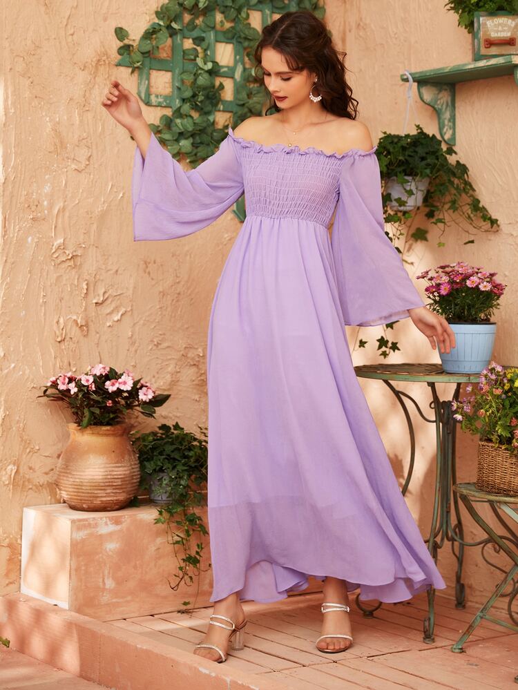 Modelyn Off Shoulder Shirred Bell Sleeve Dress - Lilac Purple - View 4