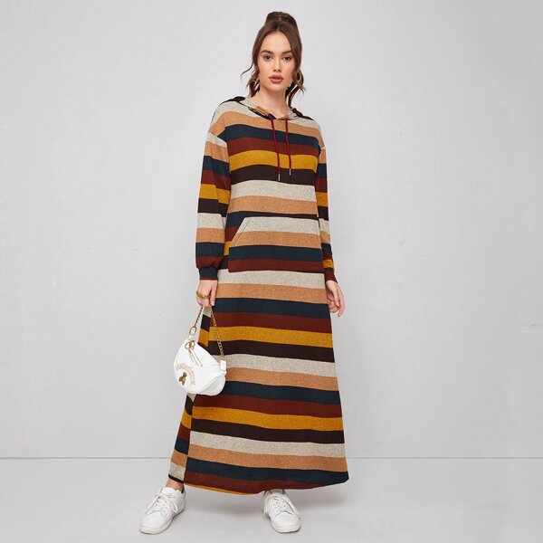 

Striped Colorblock Drawstring Hooded Dress, Multicolor