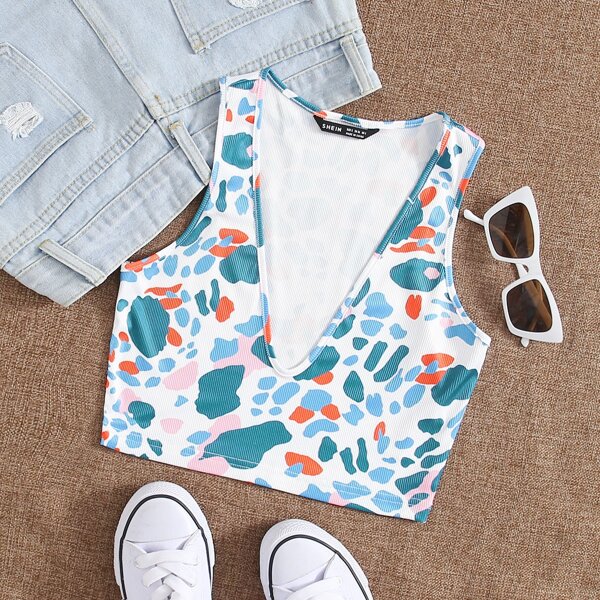 

Plunging Allover Print Tank Top, Multicolor