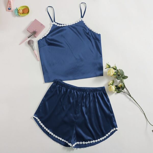 

Plus Lace Trimed Satin Pajama Set, Navy blue