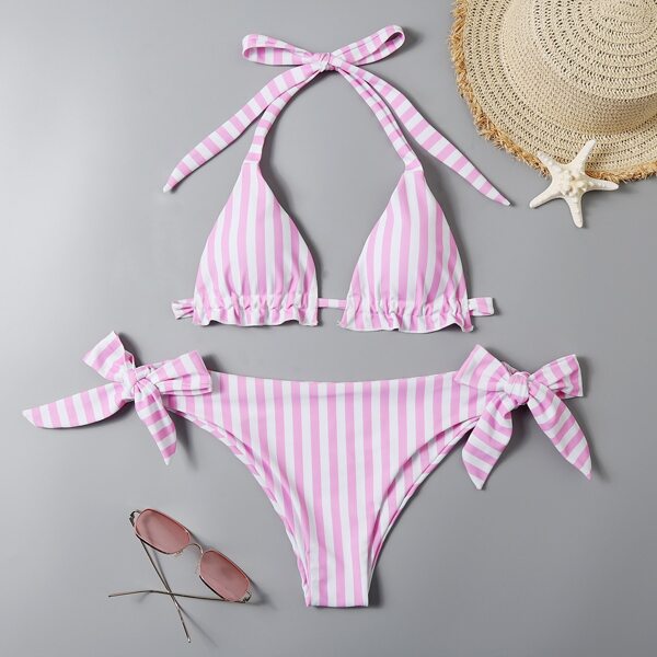 

Striped Triangle Tie Side Bikini Swimsuit, Multicolor