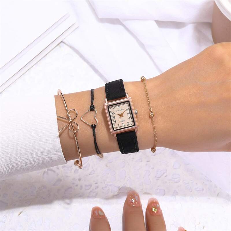 

1pc Square Pointer Quartz Watch & 3pcs Bracelet