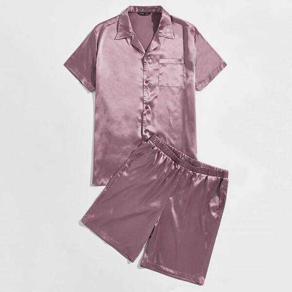 

Men Patch Pocket Top & Pants PJ Set, Mauve purple