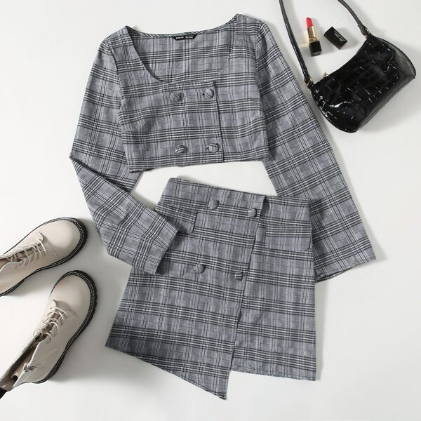 

Double Breasted Placket Plaid Crop Top & Wrap Skirt Set, Multicolor