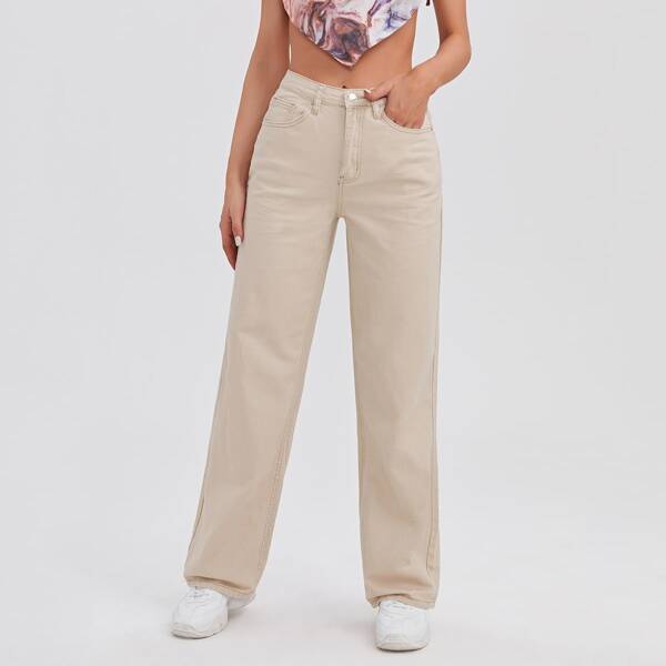 

High Waist Slant Pocket Straight Jeans, Khaki