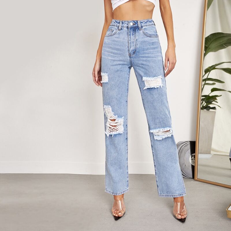

High Waist Ripped Straight Leg Jeans, Light wash