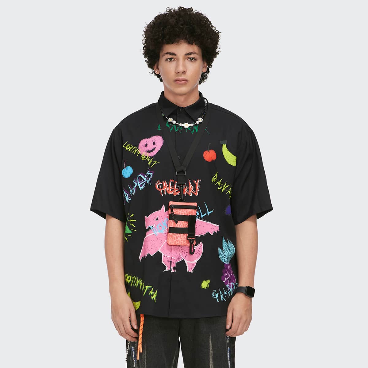 

Guys Letter & Cartoon Graphic Shirt, Black
