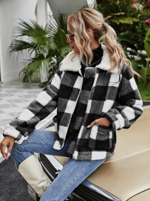SHEIN Frenchy Buffalo Plaid Zip Up Teddy Coat - Black and White - View 4