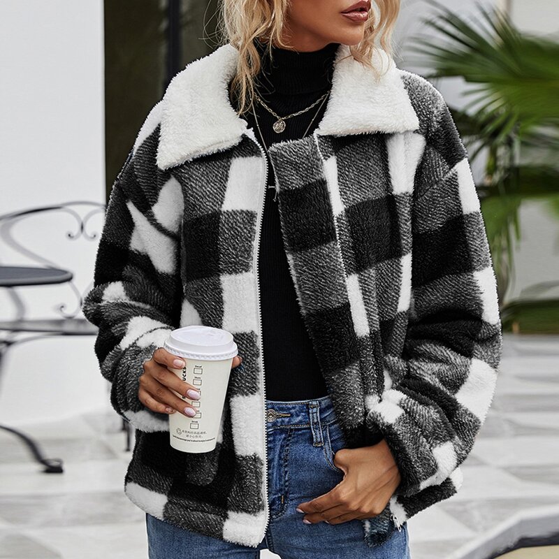 

Buffalo Plaid Zip Up Teddy Coat, Black and white