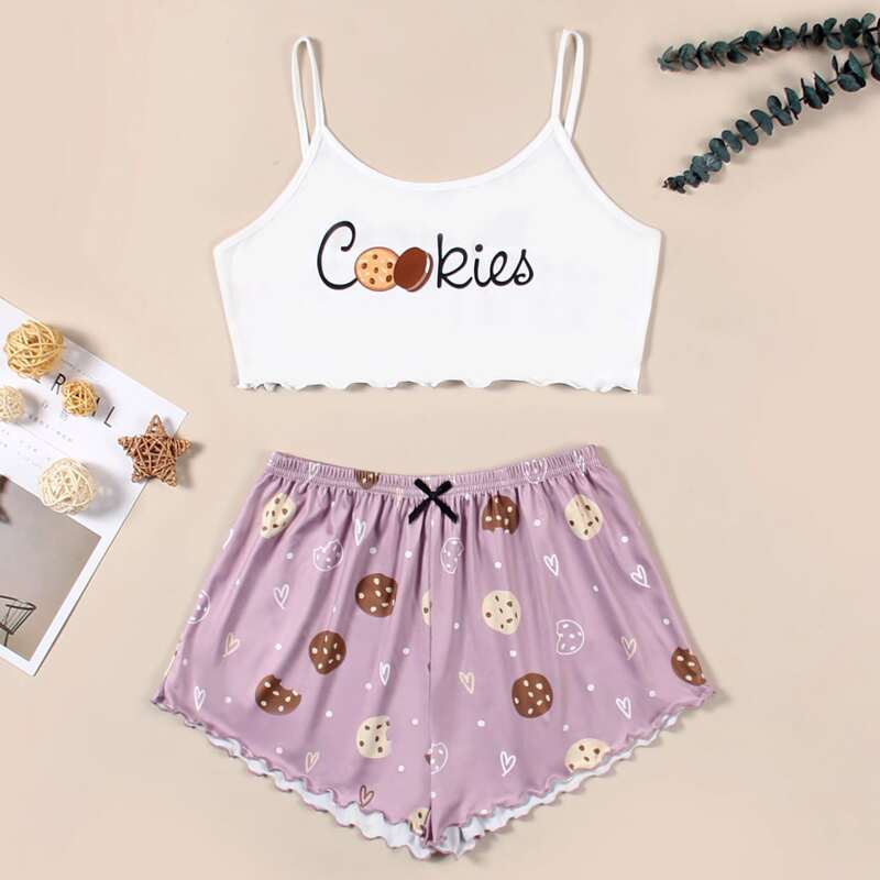 

Cookies And Letter Graphic Lettuce Trim Cami Pajama Set, Dusty pink