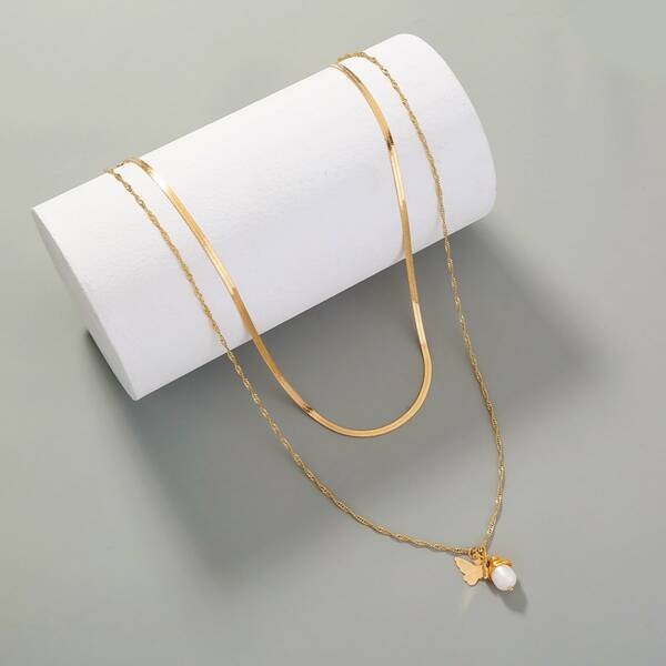 

Faux Pearl Layered Necklace, Gold